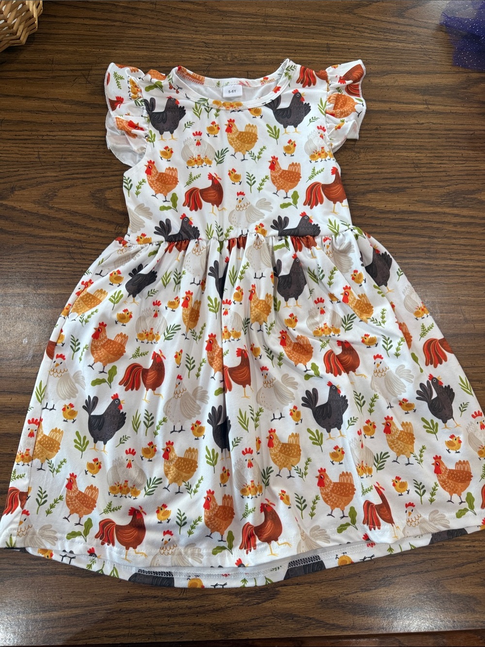 Source Unknown White Dress with Colorful Rooster & Hen Print